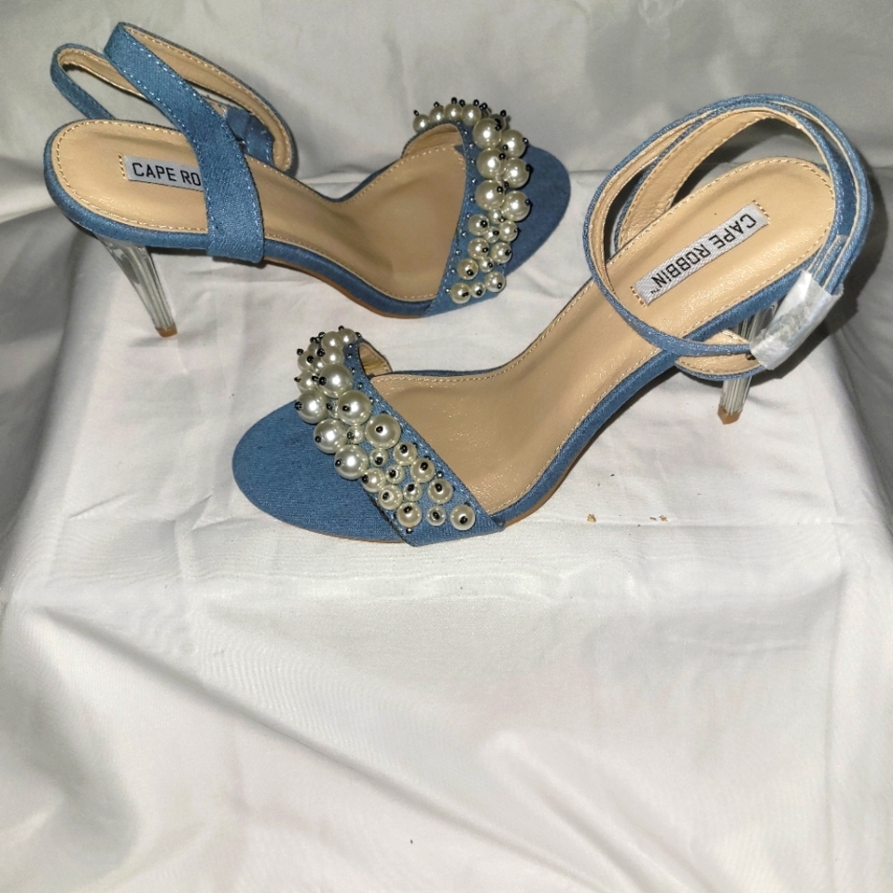 Jean blue open toe heels